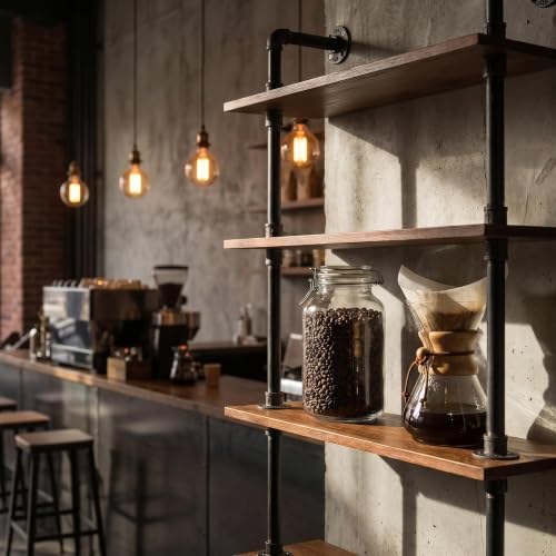 Industrial Pipe Bookshelf, 6 Layer Rustic Modern Wood Ladder Shelf with Metal Frame, Home Decor, Display Shelving, Retro Floating Shelving, 35.4x9.8x79in, 10-20lbs, Pine